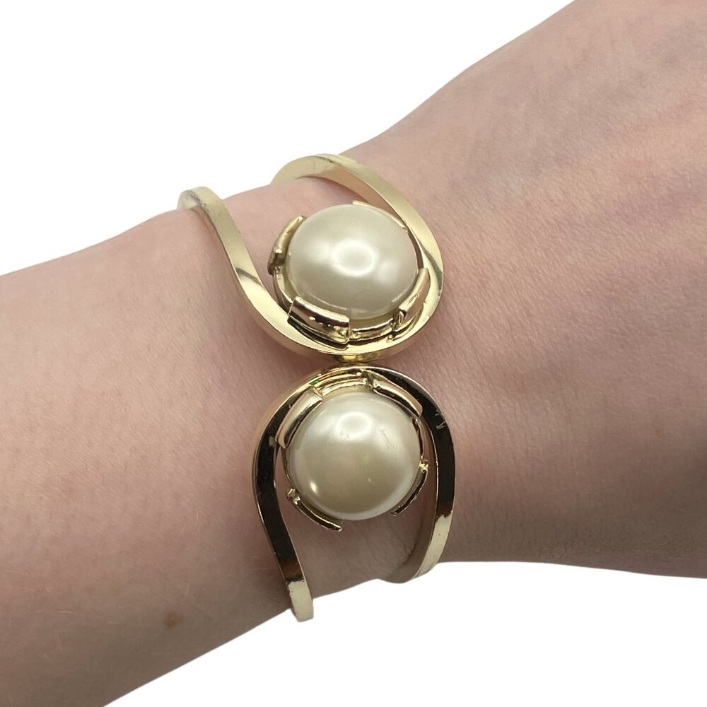 Vintage 50s Gold Tone Faux Pearl Open Cuff Bracelet Sculptural Retro Mid Century